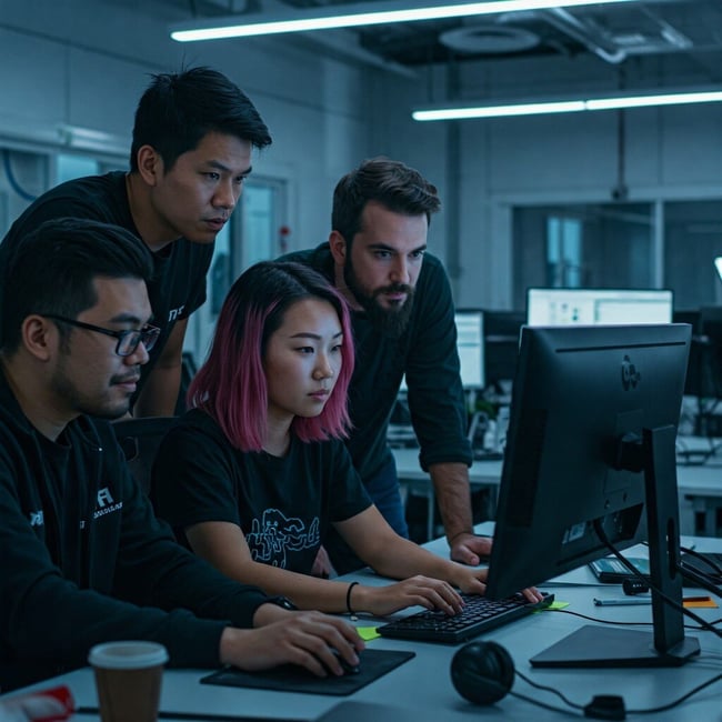 Une équipe de professionnels de la cybersécurité travaillant ensemble dans un bureau moderne