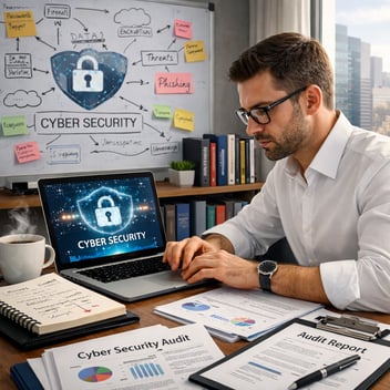 L'image montre un professionnel traitant de renforcer la cybersécurité de sa PME/TPE.