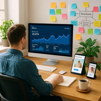 un dirigeant de TPE ou PME fait face à son écran d'ordinateur où ils observe les KPI en provenance des diverses plateformes utilisées pour son commerce.