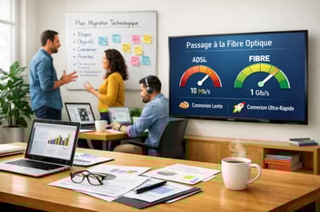 Représente les collaborateurs d'une PME qui évaluent comment passer à la fibre. Illustre l'article d'Avenir Numérique sur la fin de l'ADSL.