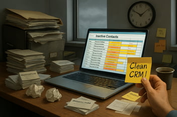 un ordinateur portable affiche une feuille de calcul avec des contacts inactifs, un post-it indique une tâche à accomplir : le nettoyage du CRM de l'entreprise. Cette image illustre l'article d'Avenir Numérique sur les raisons du nettoyage du CRM pour une TPE ou une PME.