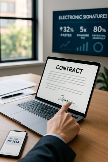 Cette image représente un ordinateur portable sur lequel est affiché un contrat en attente de signature. Elle illustre l'article d'Avenir Numérique sur les avantages de la signature électronique pour les TPE et les PME.