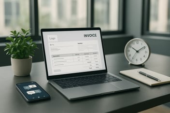 Image d'un ordinateur portable et d'une facture électronique en cours de création, illustrant l'article d'Avenir Numérique concernant l'entrée en vigueur de la facturation éléctronique.