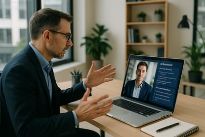 Un recruteur en visioconférence avec un candidat. Sur son écran, on voit son assistant IA pour faciliter le recrutement en PME.