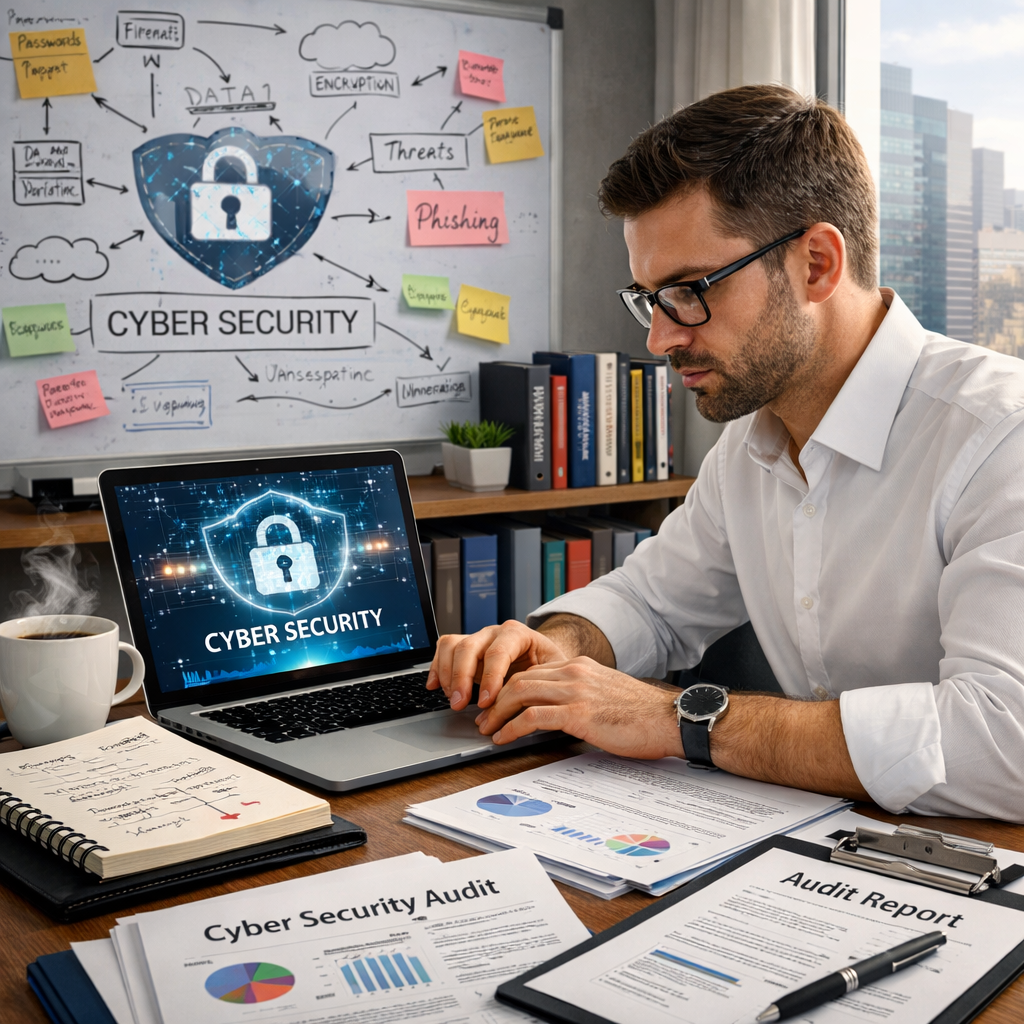 L'image montre un professionnel traitant de renforcer la cybersécurité de sa PME/TPE.