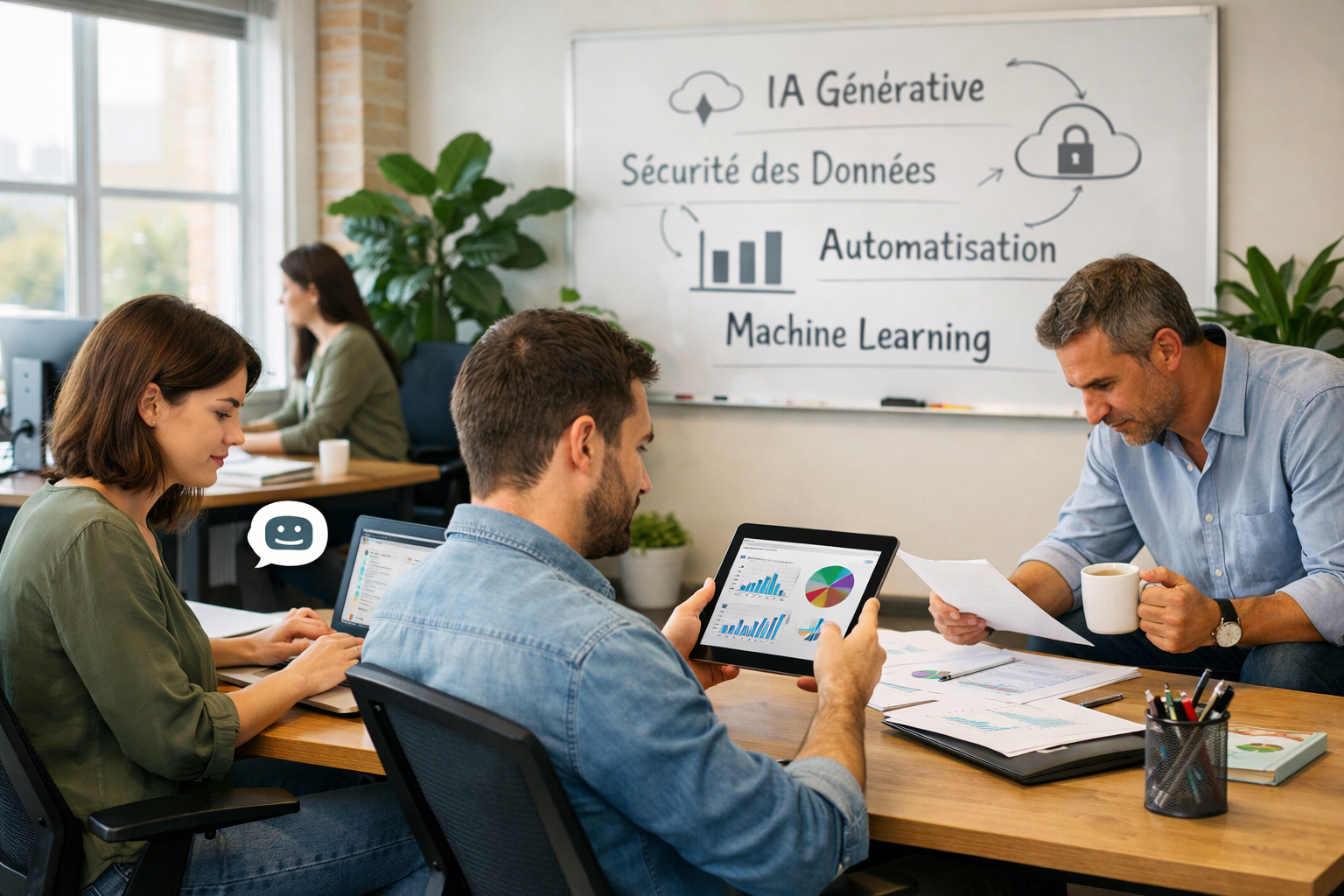 Cette image représente des collaborateurs travaillant sur divers projets et illustre l'article d'Avenir Numérique sur l'encadrement de l'utilisation de l'IA au sein d'une PME.