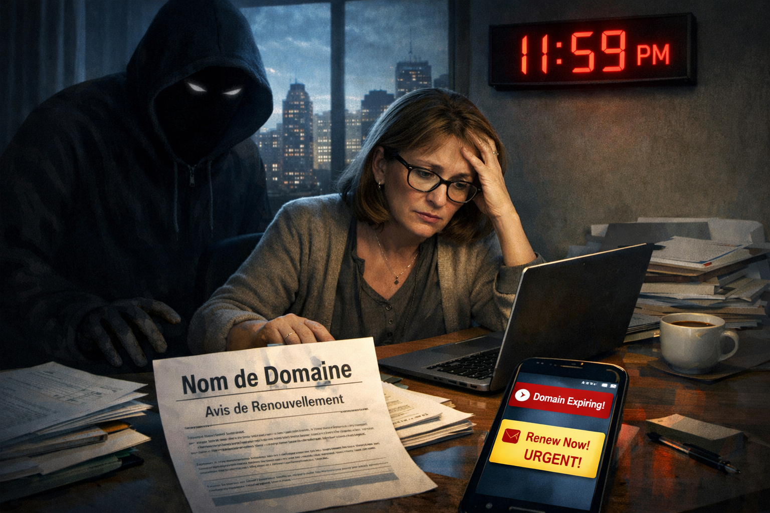 Cette image représente une dirigeante de PME devant son ordinateur portable faisant face à l'expiration de son nom de domaine. Elle illustre l'article d'Avenir Numérique à ce sujet.