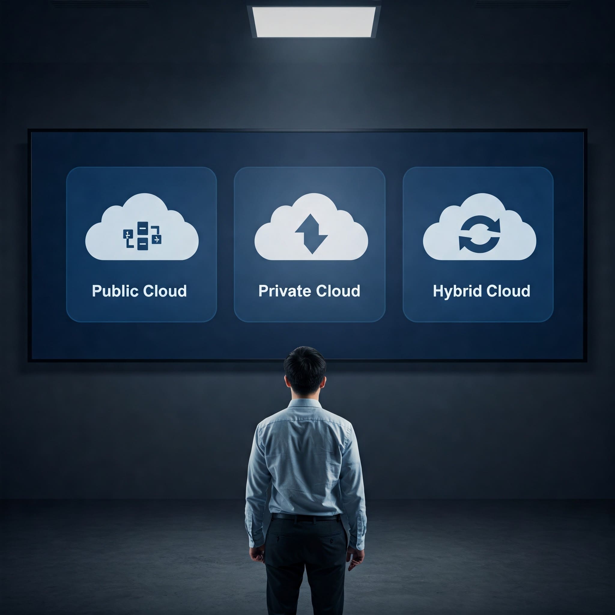 Cette image représente une personne debout devant un écran d'ordinateur sur lequel figurent trois icônes différentes de cloud, intitulées 
