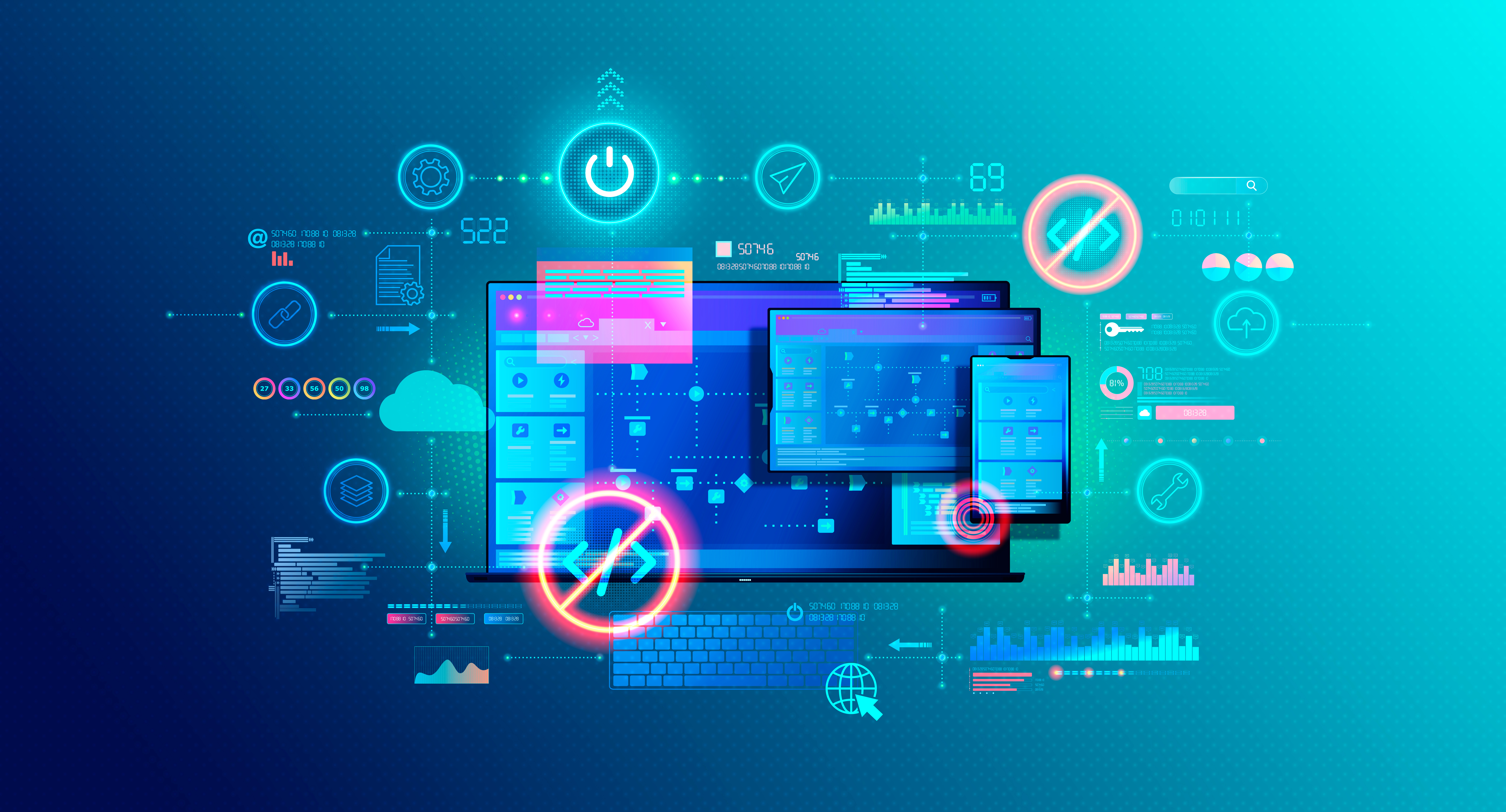 image représentant un écran et autres appareils mobiles et des icônes informatiques pour représenter l'outillage devops dans le cloud